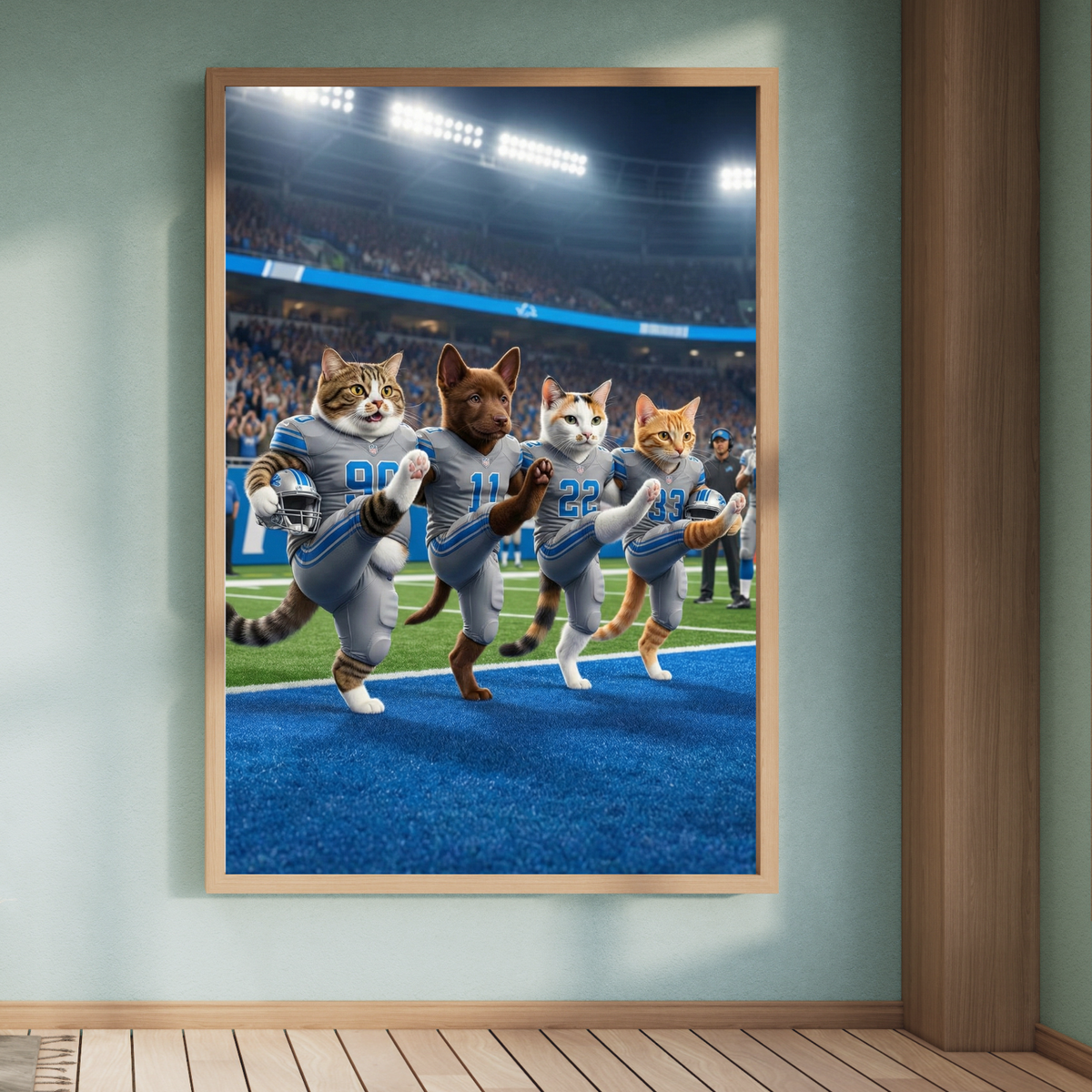 Framed wall print of a realistic AI-generated portrait featuring four cats and a dog in NFL jerseys celebrating on a