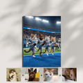 Framed print of an AI-generated football portrait featuring three cats and a puppy in Detroit Lions jerseys celebrating.