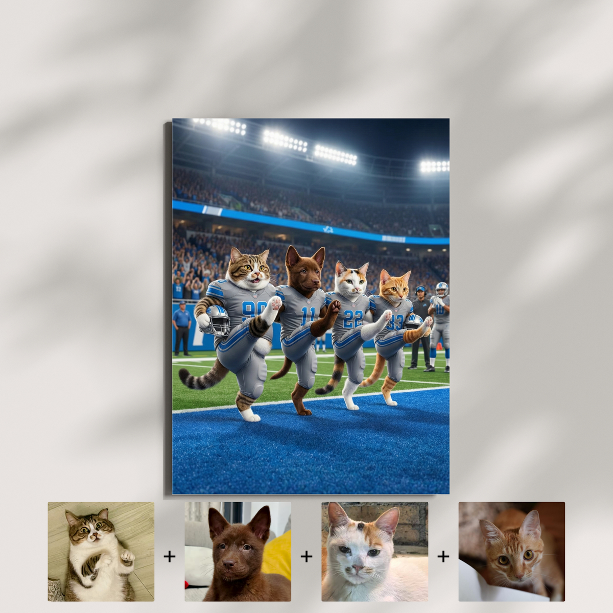 Framed print of an AI-generated football portrait featuring three cats and a puppy in Detroit Lions jerseys celebrating.