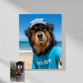 Framed print of a pet portrait showing a fluffy dog wearing a blue cap and “Cool Guy” shirt on a