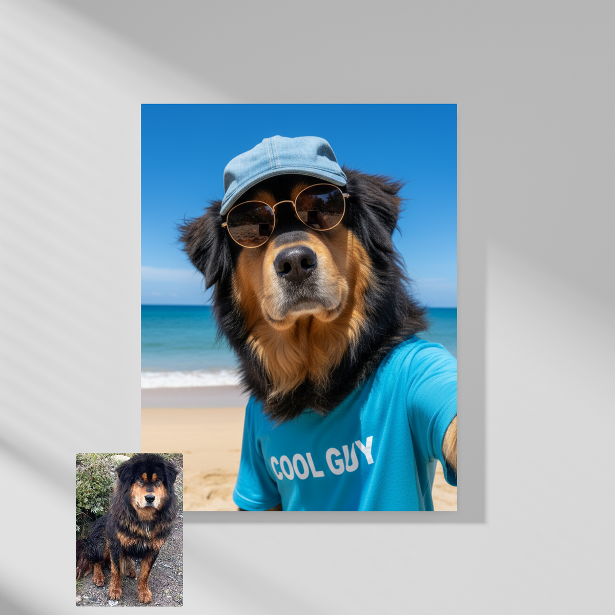Framed print of a pet portrait showing a fluffy dog wearing a blue cap and “Cool Guy” shirt on a