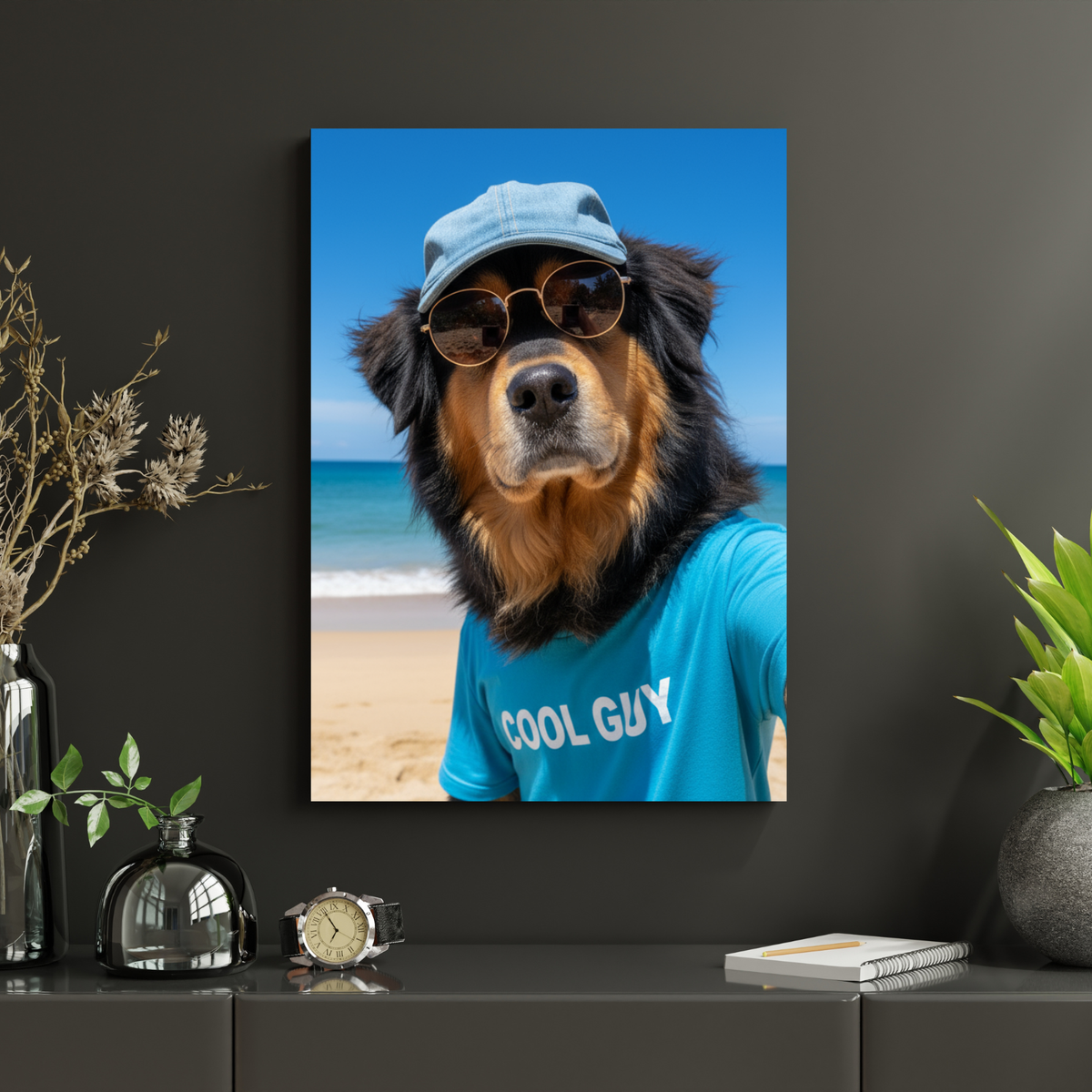 Framed print of a custom pet portrait featuring a dog wearing sunglasses and a “COOL GUY” shirt on a sunny