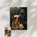 A custom AI-generated portrait featuring a dog wearing sunglasses and a bandana, standing next to a T-Rex. The art style