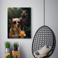 Framed print of a whimsical AI-style portrait: a dog in a pink bandana and sunglasses holding a drink before a