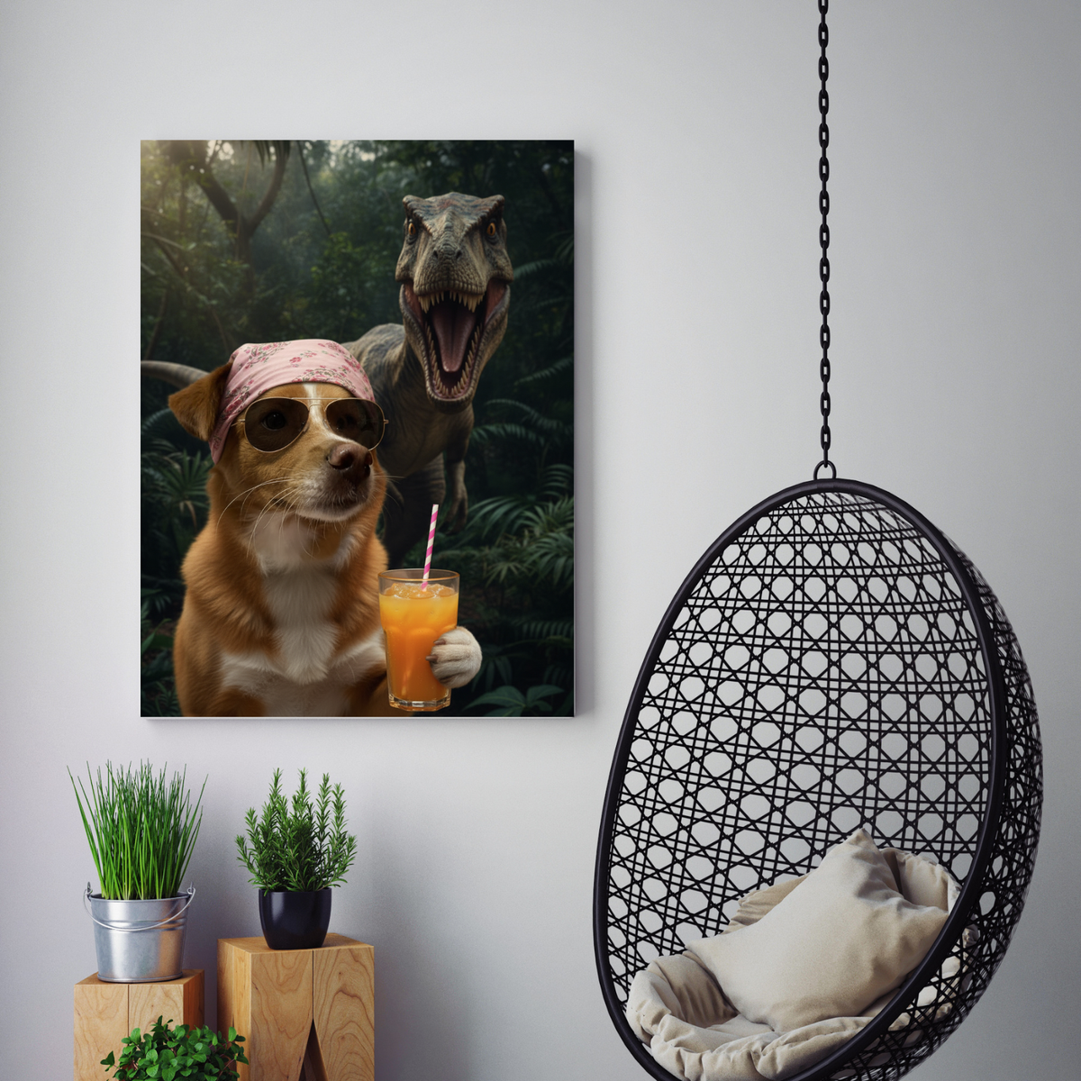 Framed print of a whimsical AI-style portrait: a dog in a pink bandana and sunglasses holding a drink before a
