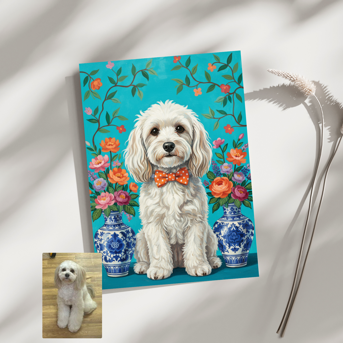 Custom Persian Garden portrait of a white dog with a polka-dot bow tie, shown as a print beside a real-life