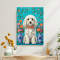 A framed print of a white dog with a polka-dot bow tie, in a whimsical oil painting style, set before