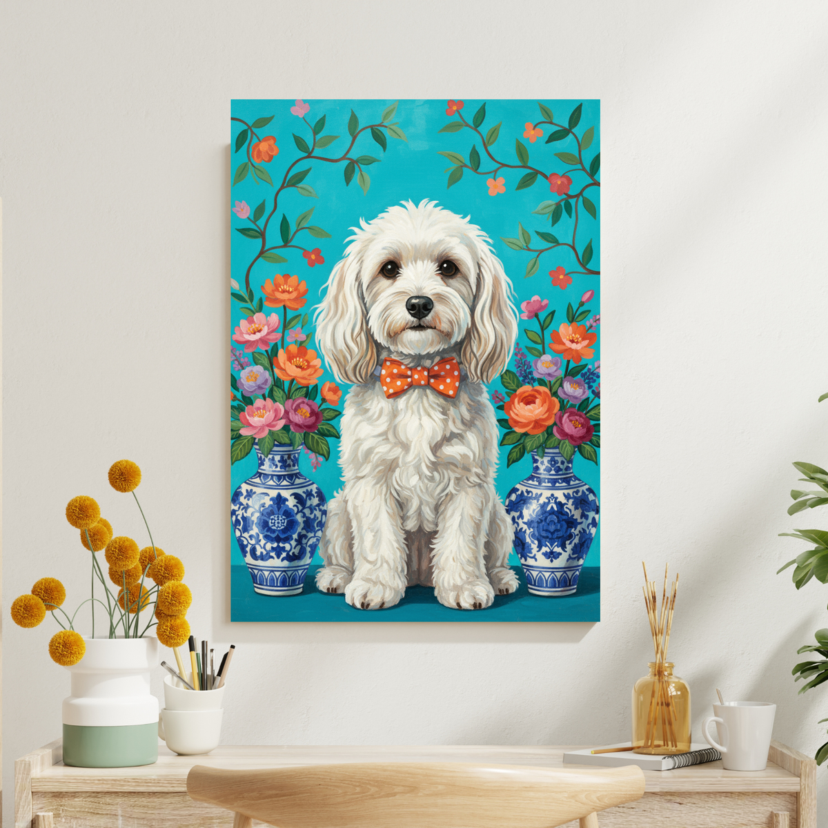 A framed print of a white dog with a polka-dot bow tie, in a whimsical oil painting style, set before