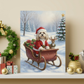 Framed oil painting portrait of a fluffy dog dressed as Santa in a sleigh with a deer, set in a