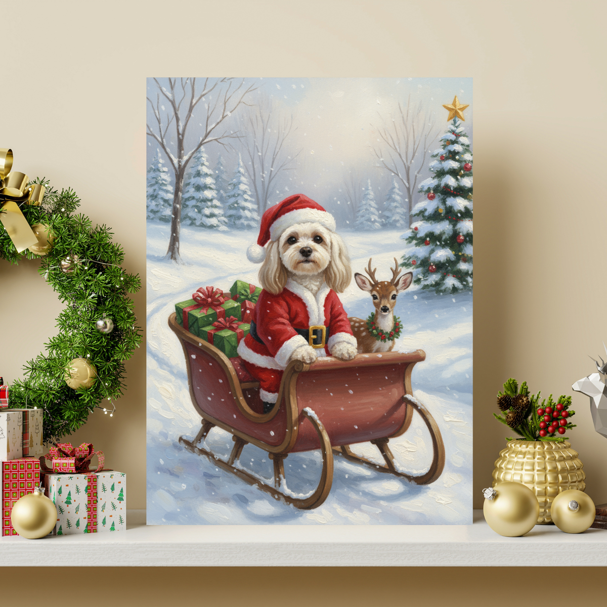 Framed oil painting portrait of a fluffy dog dressed as Santa in a sleigh with a deer, set in a