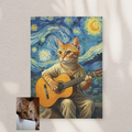Custom portrait of an orange tabby cat playing a guitar, painted in a Starry Night oil style, displayed on a