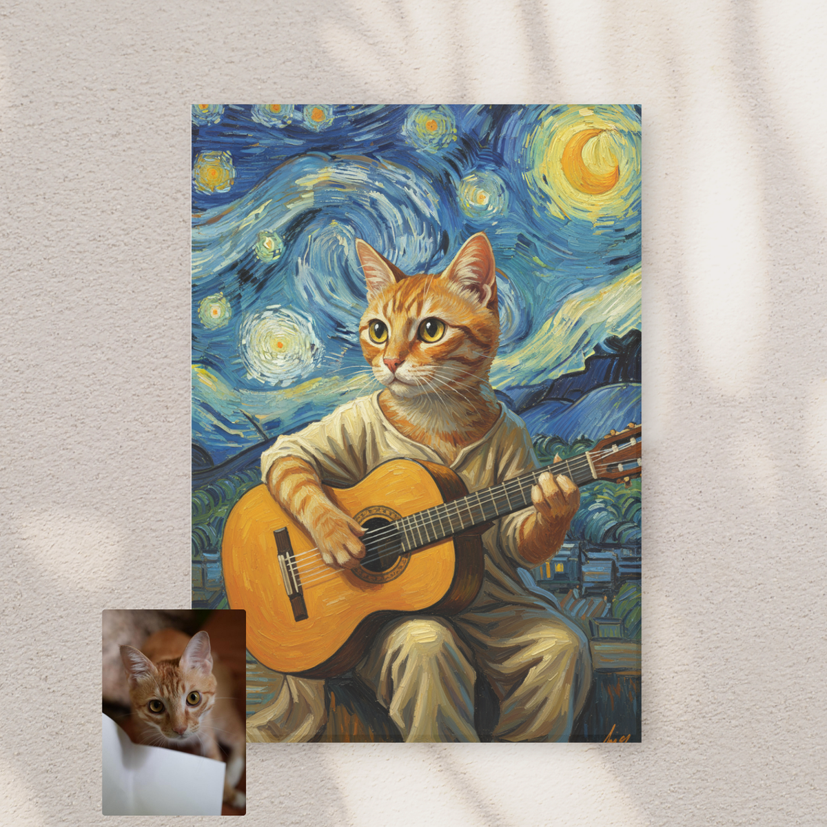 Custom portrait of an orange tabby cat playing a guitar, painted in a Starry Night oil style, displayed on a