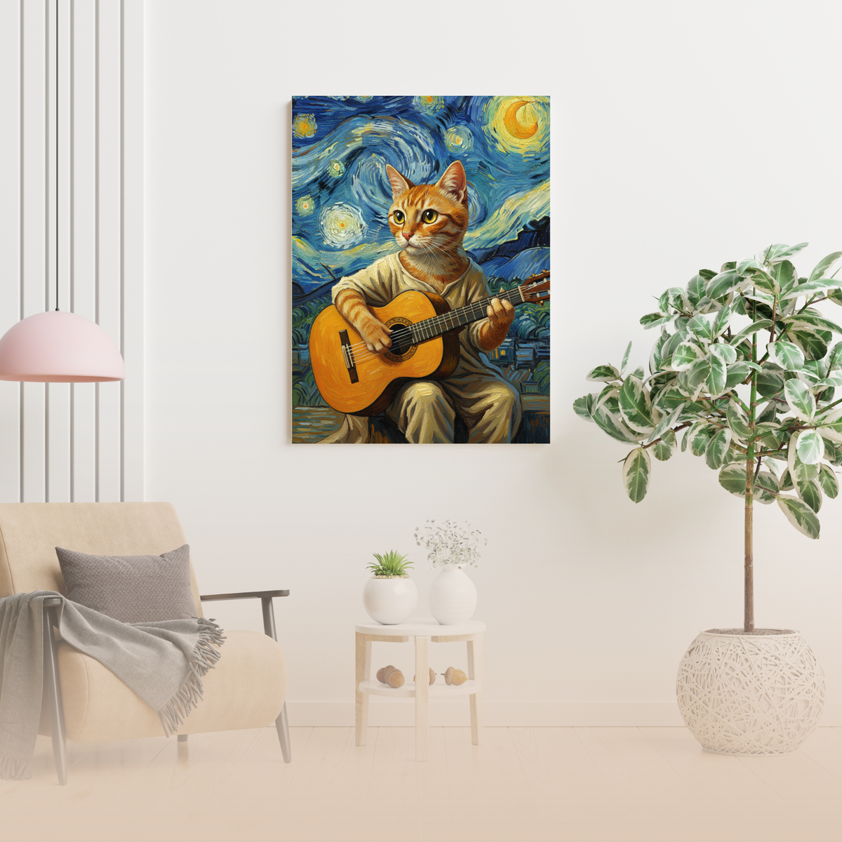 A custom AI-generated portrait of a cat playing a guitar.