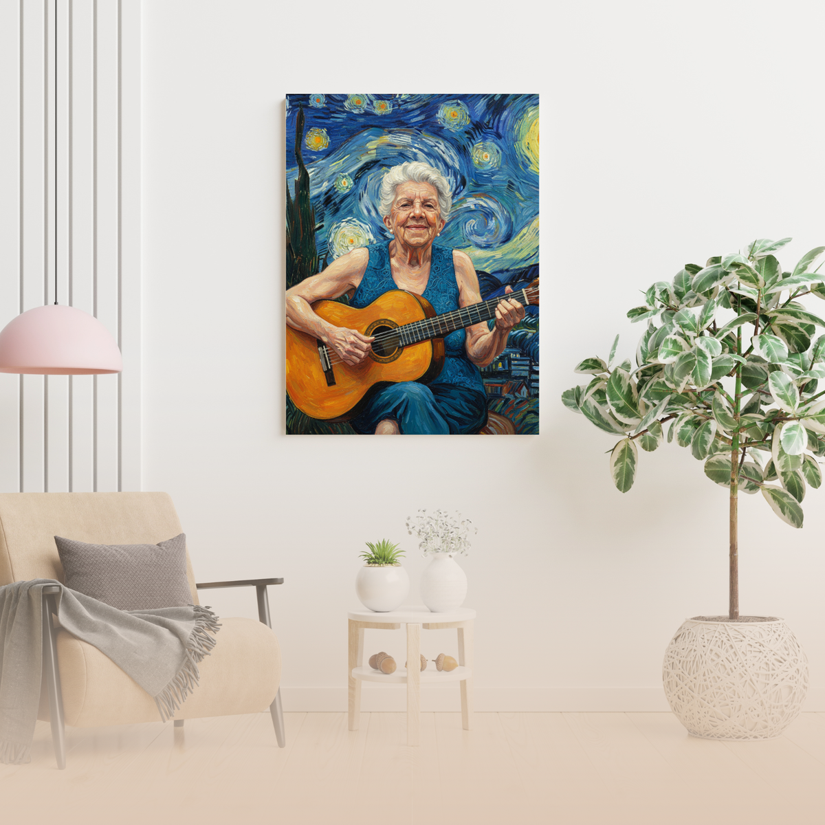 Framed oil painting print of an elderly woman in a blue dress playing guitar against a Starry Night backdrop in