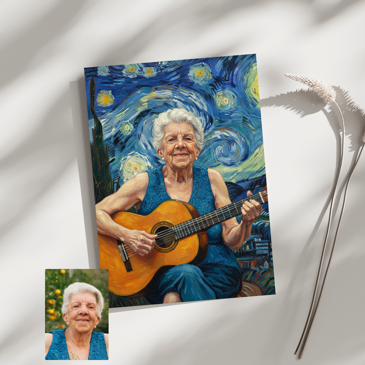Custom oil painting portrait of an elderly woman in a blue dress playing guitar, set against a Van Gogh Starry