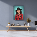 Framed print of a digital-style portrait of a smiling woman in a red leather jacket and hat on a blue