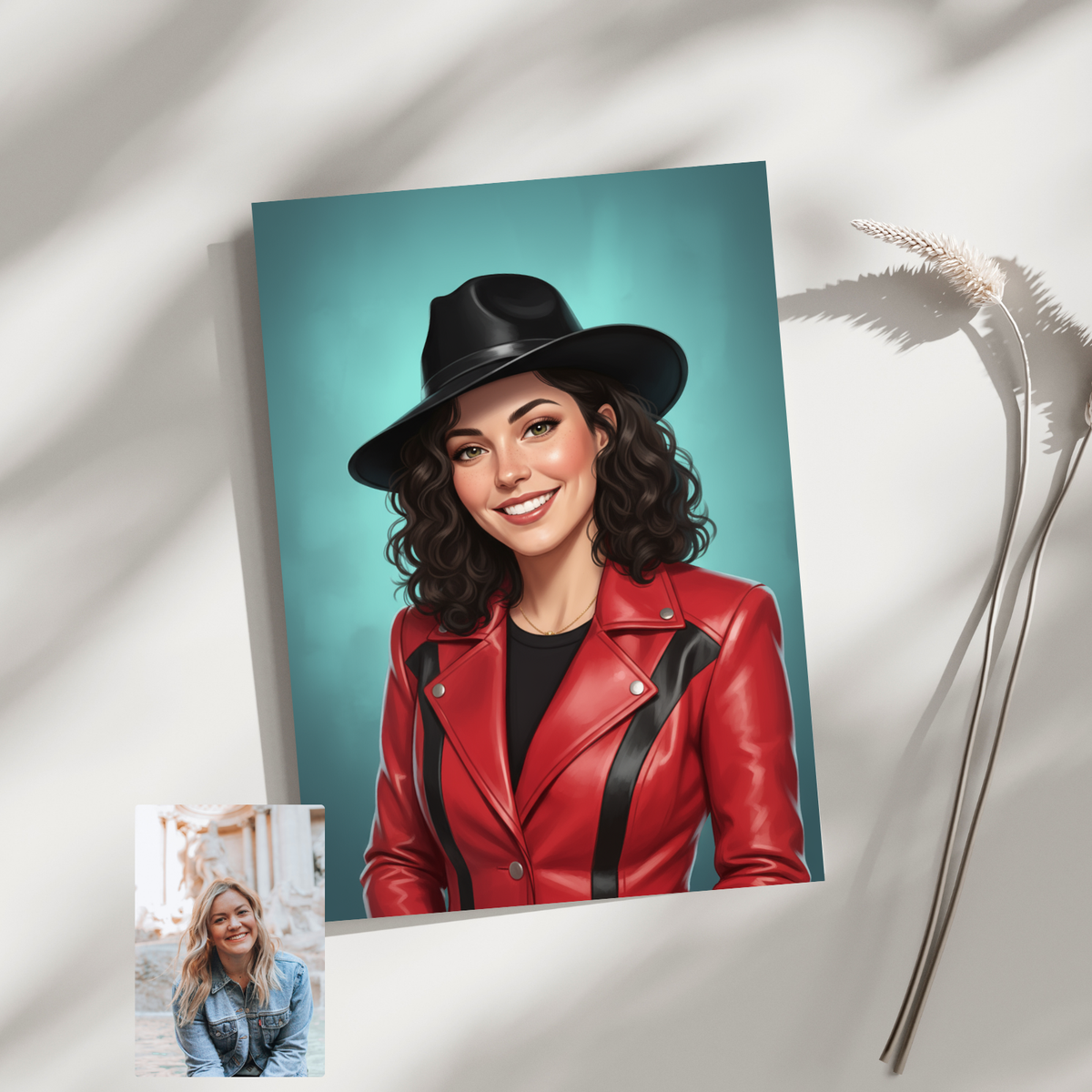 Artzuzu custom portrait of a woman in a red jacket and black hat, presented as a framed print on a