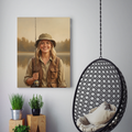 A framed oil painting print of a smiling blonde woman in a fishing hat and vest, set against a serene