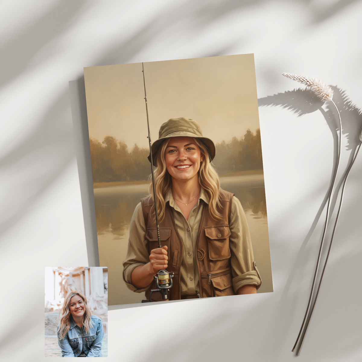 A framed oil painting print featuring a smiling woman in a fishing vest and hat, holding a rod by a