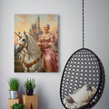 Framed room scene featuring a royal oil portrait of an elderly woman in a pink gown riding a unicorn near