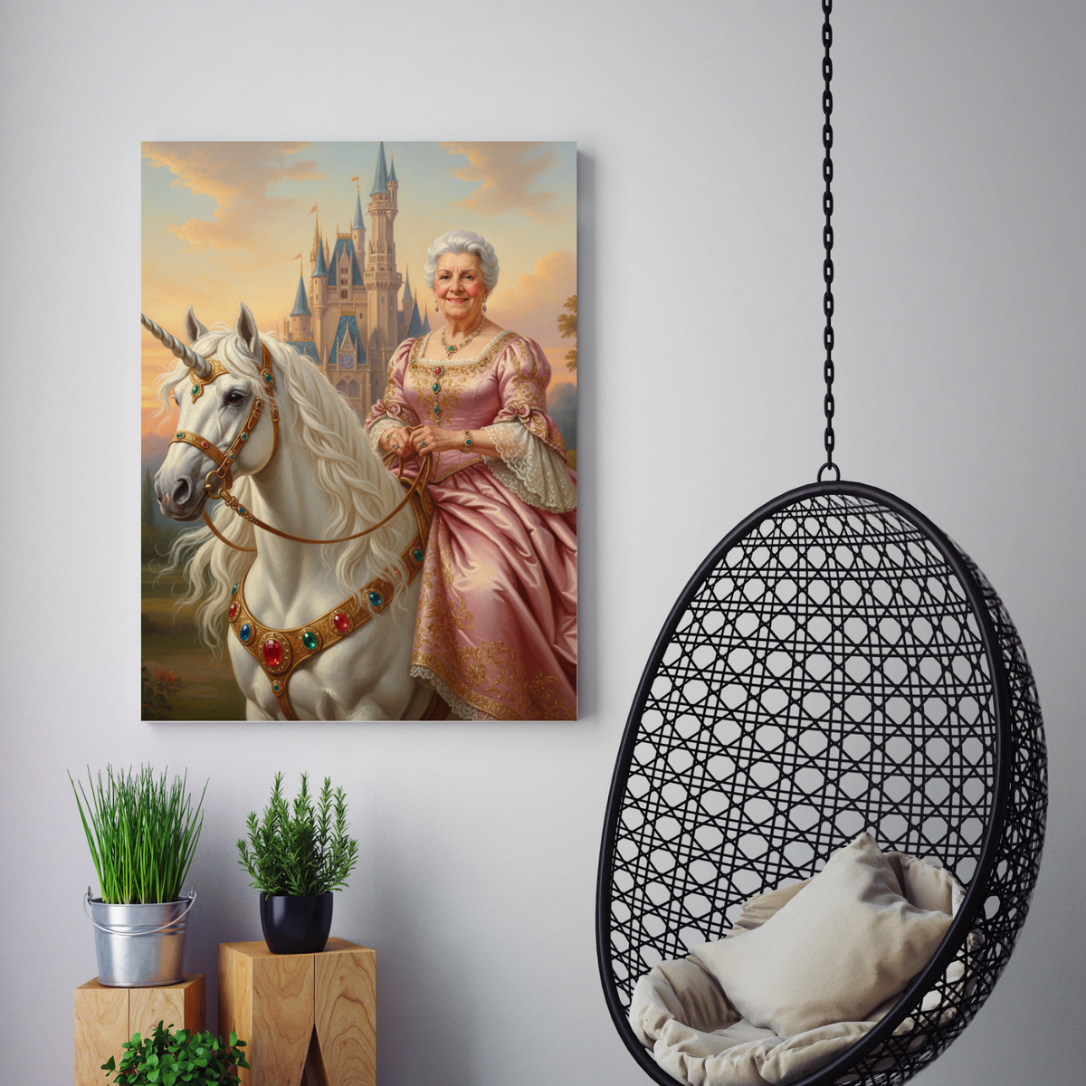 Framed room scene featuring a royal oil portrait of an elderly woman in a pink gown riding a unicorn near