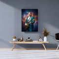 Framed print of a bearded man in a teal, rococo-style suit playing an electric guitar against a vibrant nebula background.