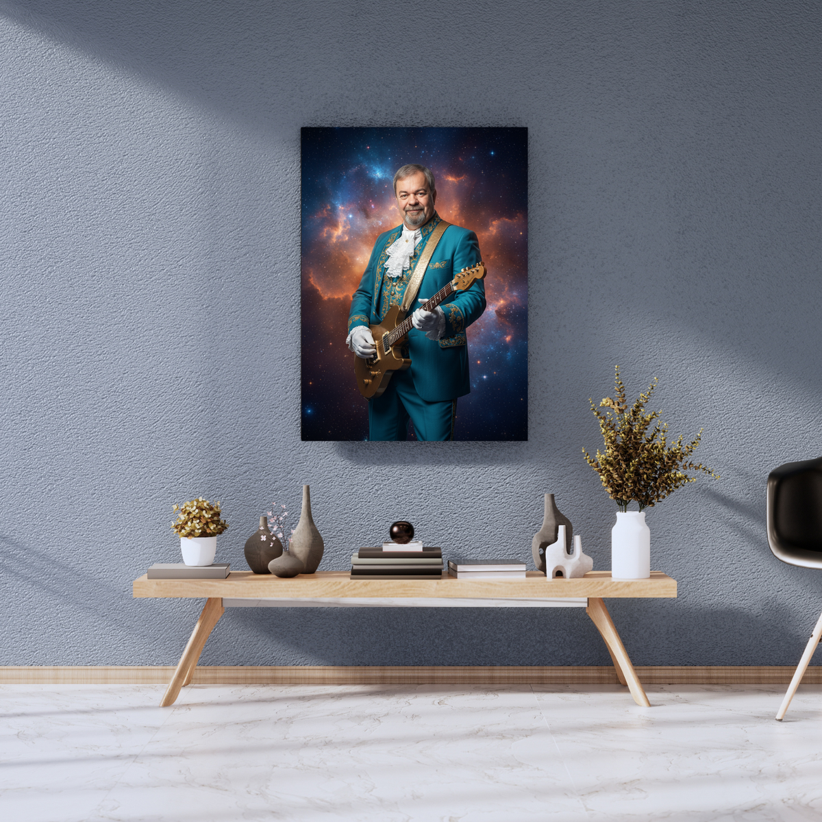 Framed print of a bearded man in a teal, rococo-style suit playing an electric guitar against a vibrant nebula background.