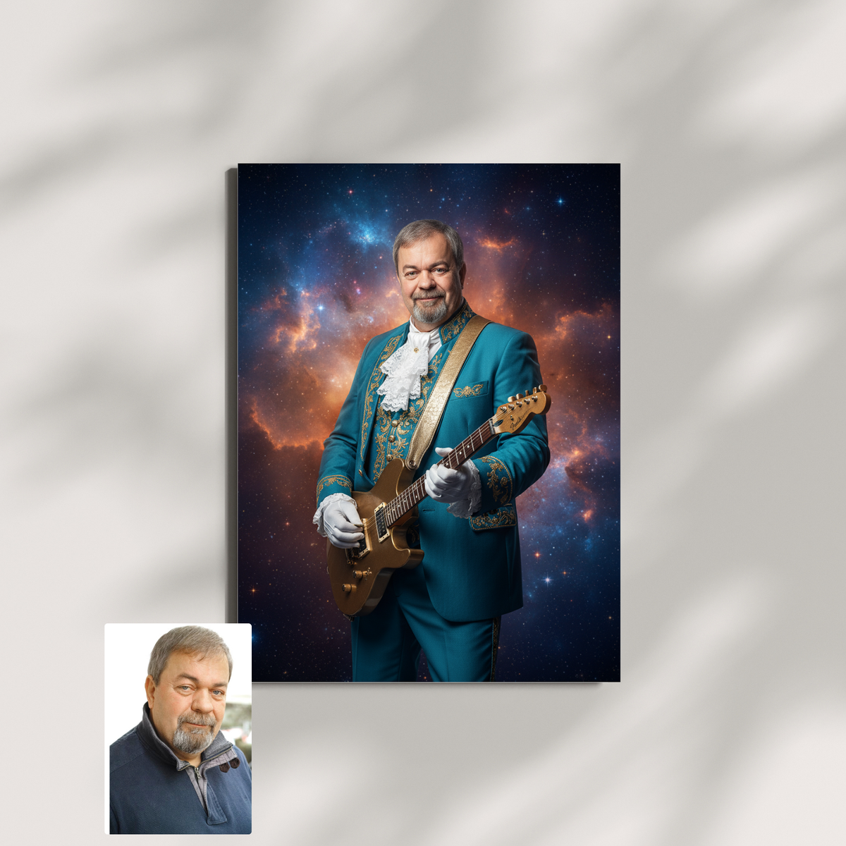 Framed print of a custom portrait featuring an adult man in a teal, rococo-style suit playing a guitar in deep