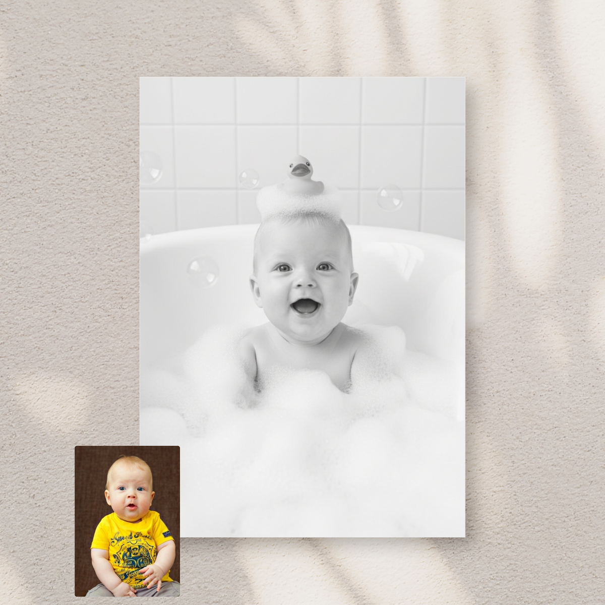 Framed Artzuzu Bubble Bliss portrait of a smiling baby with a rubber duck on their head in a bubble-filled bath.