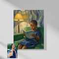 A framed oil-style portrait of a young girl in a blue dress reading "The Little Prince" on a green sofa,