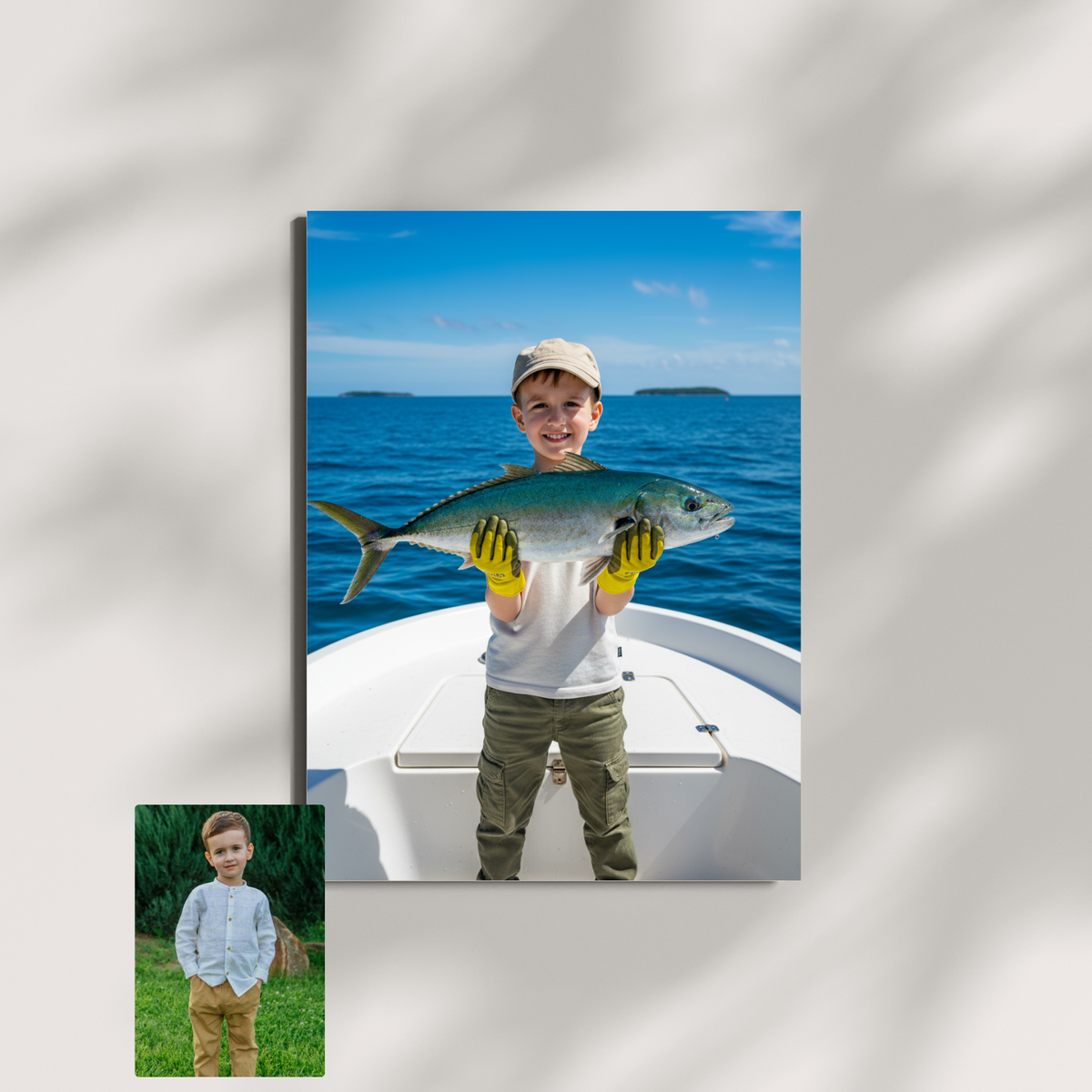 Framed print of a realistic AI-generated portrait of a boy in a cap holding a large fish on a boat