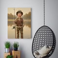 A framed print hanging in a room, featuring an oil-style portrait of a young boy in a fishing vest standing