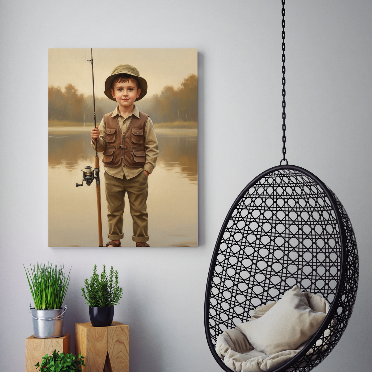 A framed print hanging in a room, featuring an oil-style portrait of a young boy in a fishing vest standing