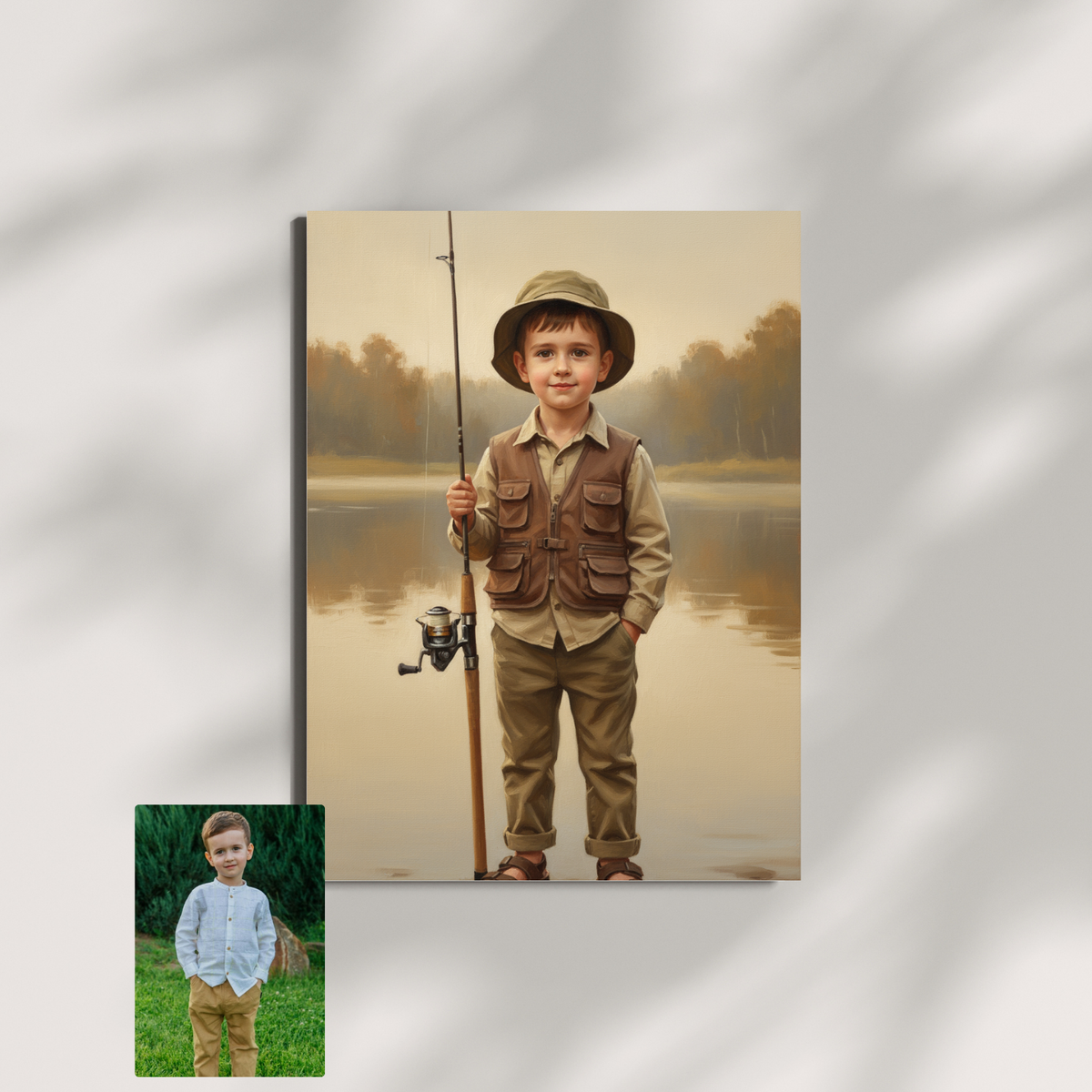A framed print of an oil painting featuring a boy in a fishing vest and hat, standing before a scenic