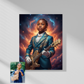 Framed print of a child in a blue ornate suit playing a gold guitar against a cosmic, space-themed background.