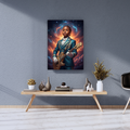 Framed room print of a regal child in a blue suit playing an electric guitar against a vibrant cosmic nebula