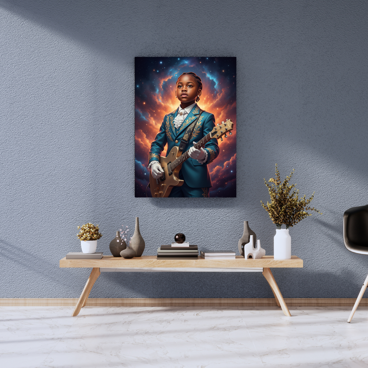 Framed room print of a regal child in a blue suit playing an electric guitar against a vibrant cosmic nebula
