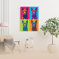 A custom AI-generated portrait of a dog in four different colors is displayed on a wall.