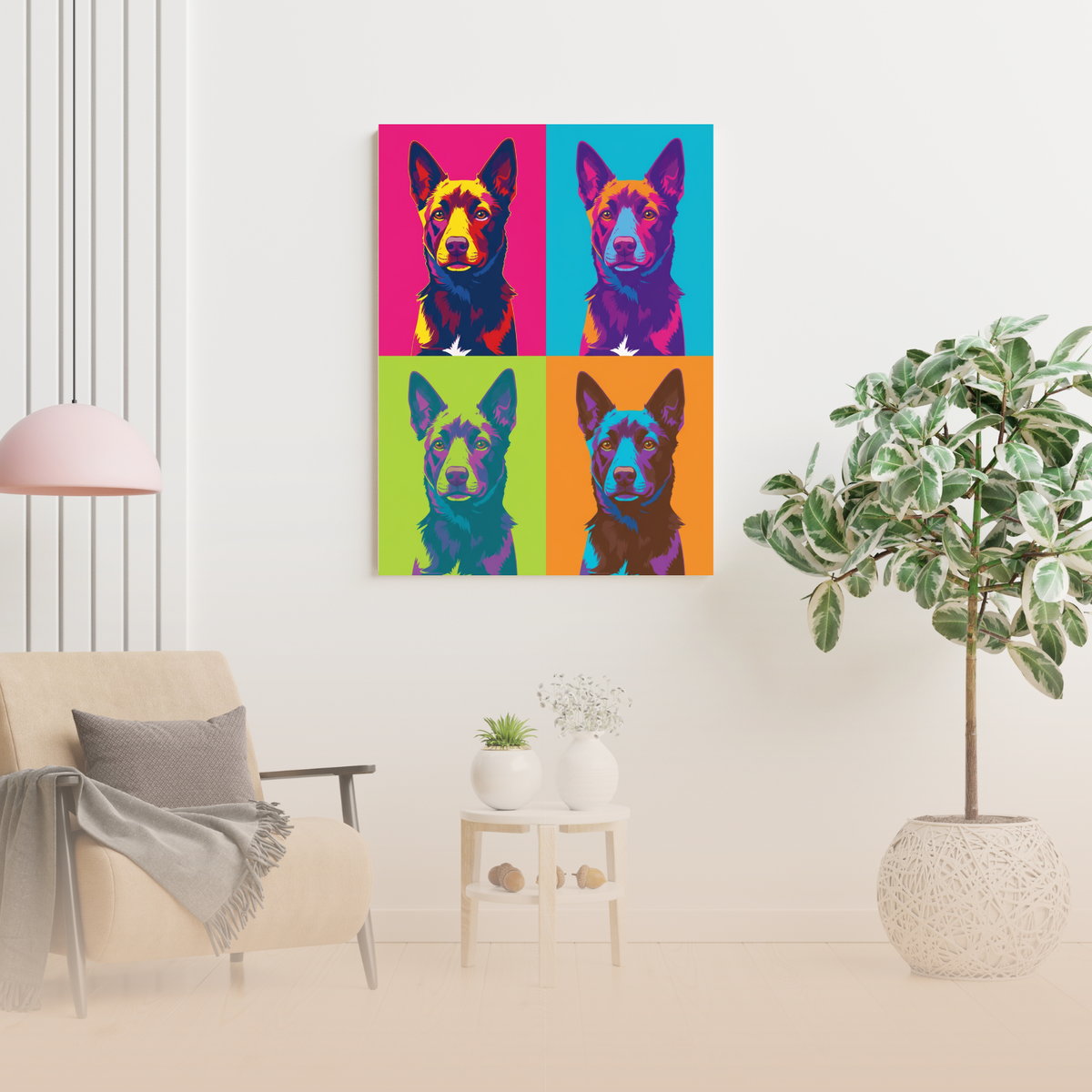 A custom AI-generated portrait of a dog in four different colors is displayed on a wall.