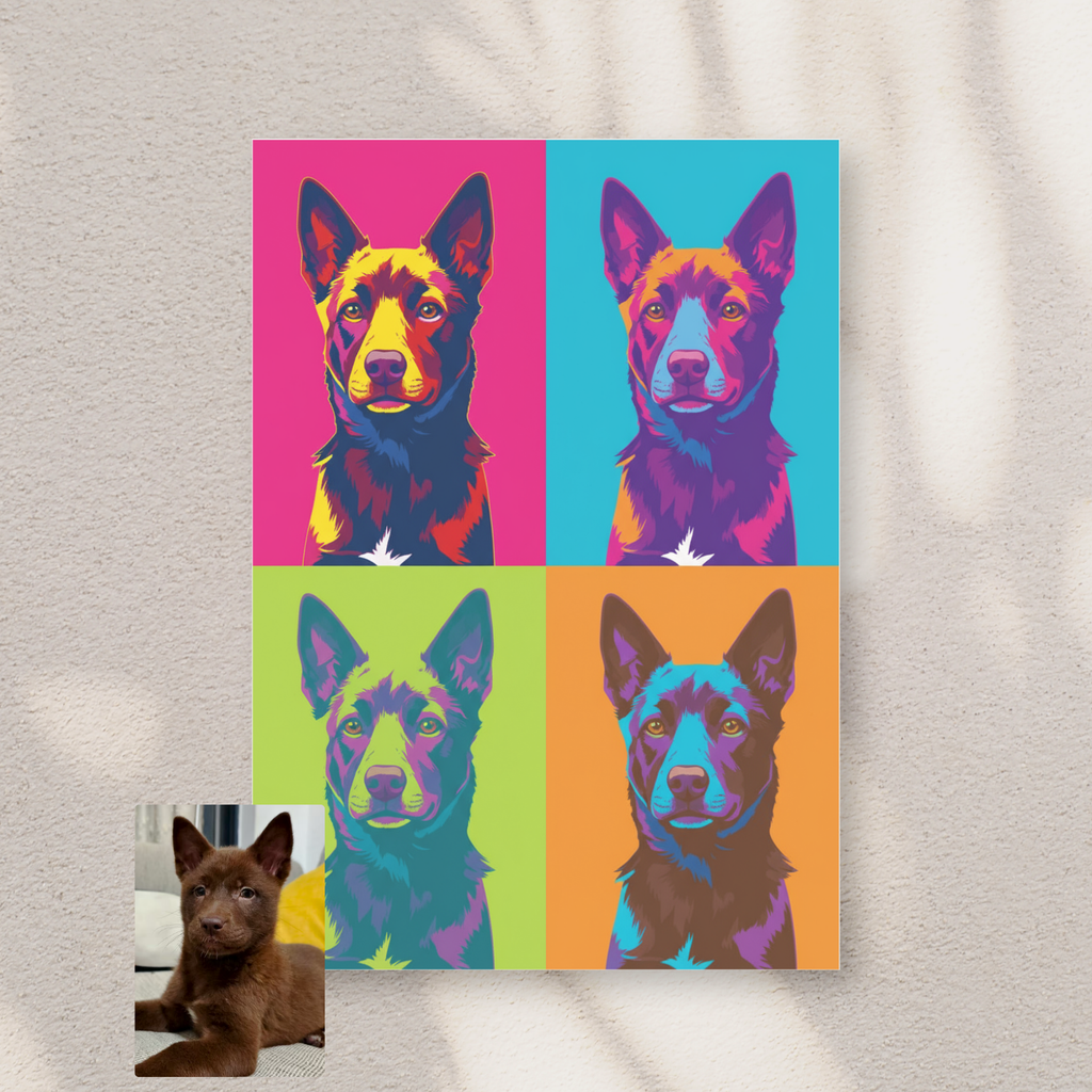 Framed Andy Warhol-style pop art portrait of a chocolate-colored puppy, featuring four vibrant, colorful stylized panels.