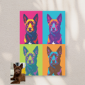 Framed Andy Warhol-style pop art portrait of a chocolate-colored puppy, featuring four vibrant, colorful stylized panels.