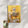 Framed print of a custom digital portrait showing a cat in a yellow bathrobe and towel, reading a newspaper on