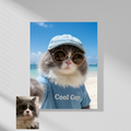 Framed print of a custom pet portrait featuring a grey and white cat wearing a blue cap, sunglasses, and a