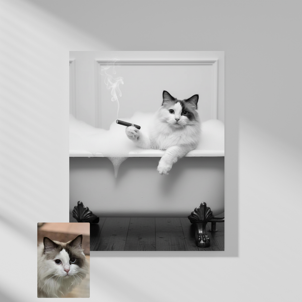 Framed print of a custom pet portrait featuring a bicolor cat with a cigar relaxing in a bubble bath, black