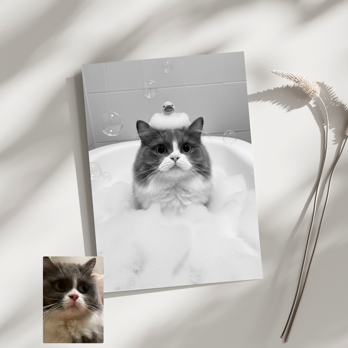 Framed print of a gray and white cat in a bubbly bathtub with a rubber duck, featuring a whimsical black-and-white