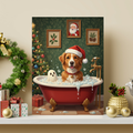 Framed print of a festive, painterly portrait showing a dog in a Santa hat and a ghost soaking in a