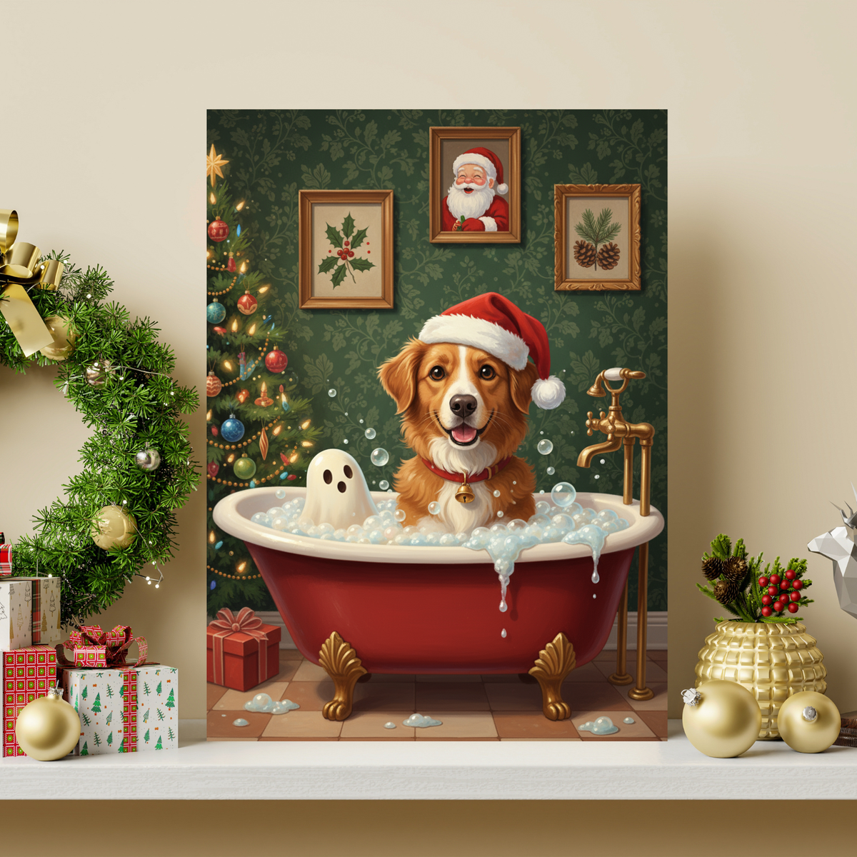 Framed print of a festive, painterly portrait showing a dog in a Santa hat and a ghost soaking in a