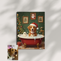 Framed digital art print of a golden-brown dog in a Santa hat taking a Christmas bubble bath with a ghost.