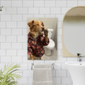 A custom AI-generated portrait of a dog wearing a shirt is displayed in a bathroom scene.