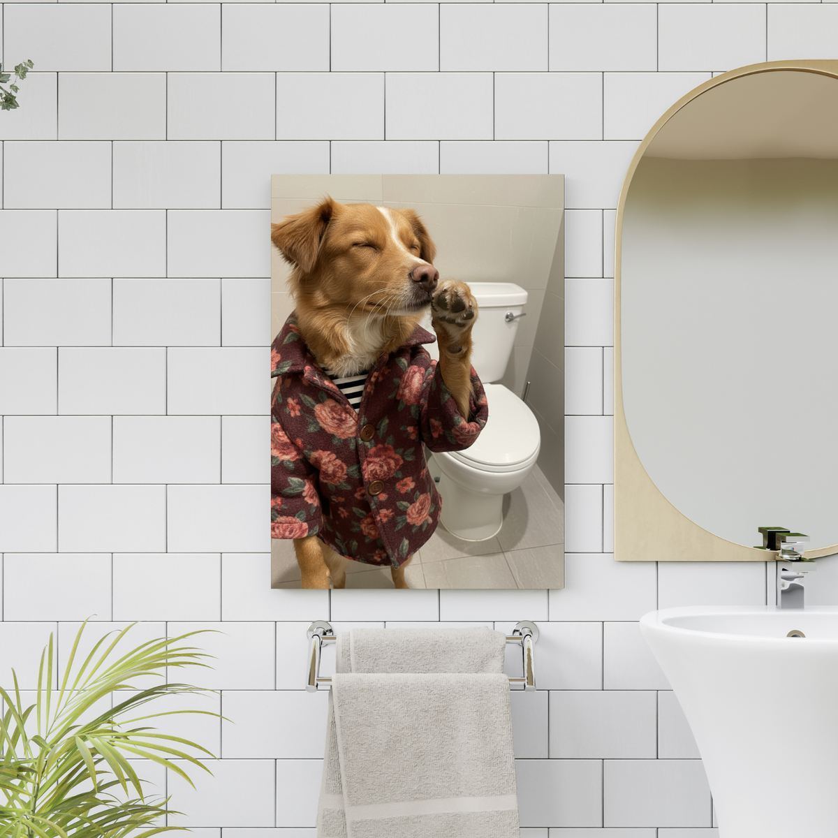 A custom AI-generated portrait of a dog wearing a shirt is displayed in a bathroom scene.